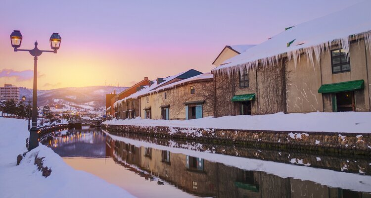 View of Otaru Canel in Winter season with sunset, Hokkaido 