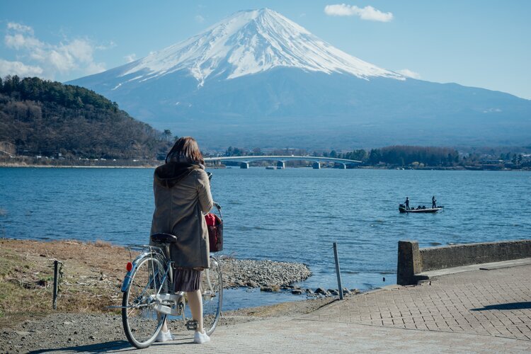 Biking around Lake Kawaguchi to see Mount Fuji