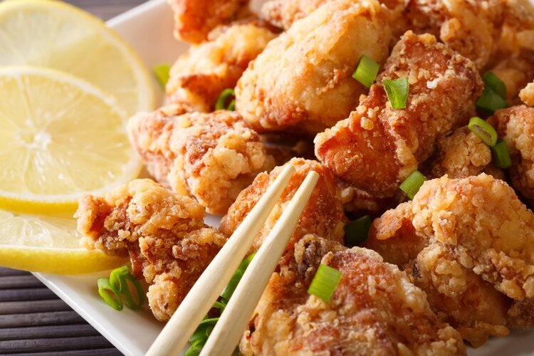 Japanese Food, Fried Chicken Karaage with Lemon and Green Onion