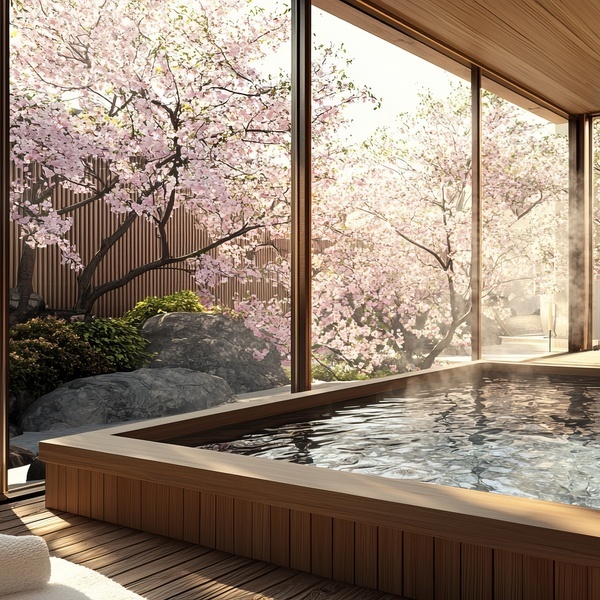 Onsen under cherry blossoms in Hakone