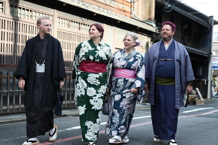 Family tries on traditional Japanese kimono in Kyoto