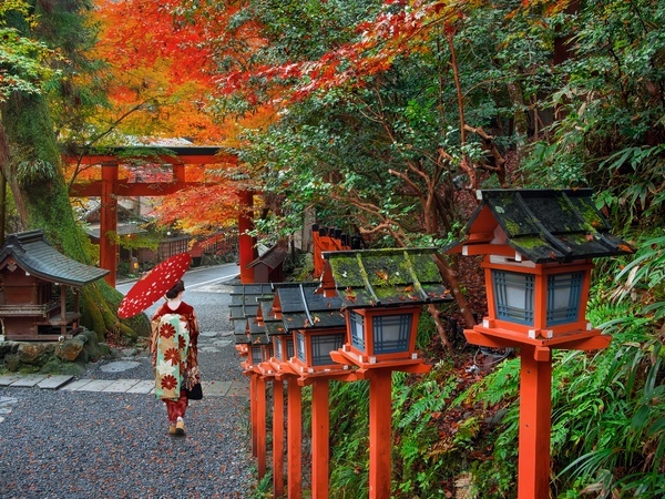 Japanese Woman in Traditional Kimono Kifune Shrine