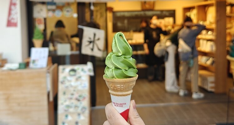 Tasting matcha ice cream in Uji