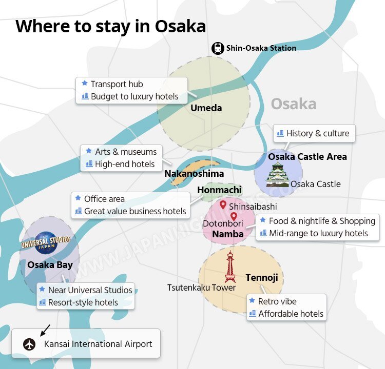 Osaka's Neighborhoods Map showing major districts of Osaka
