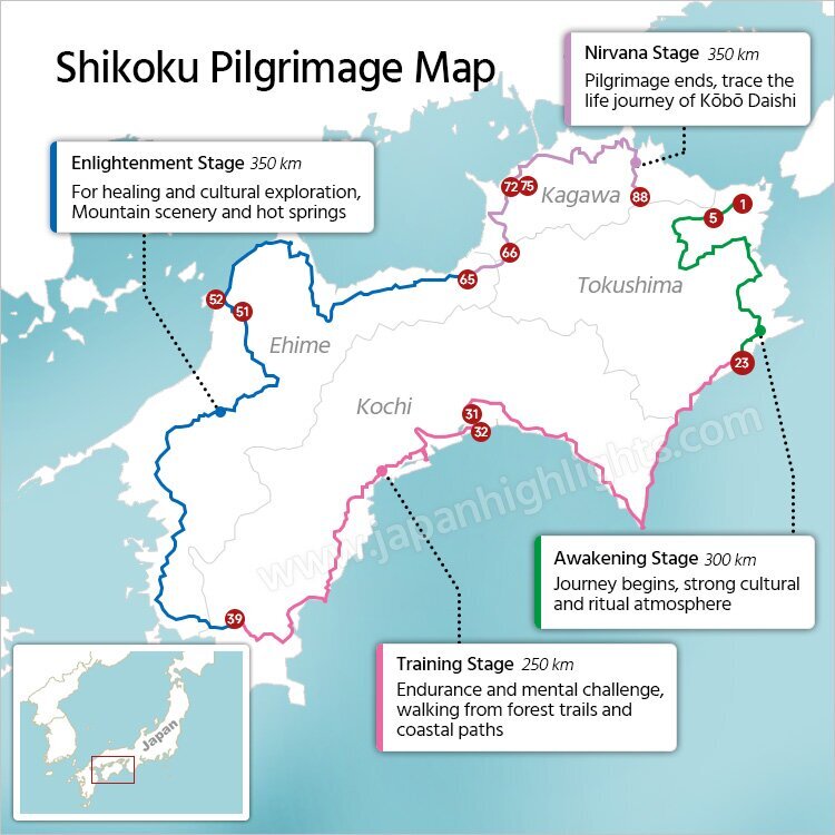 Shikoku Pilgrimage Map (The numbers in the image correspond to the identification numbers of the 88 temples.）