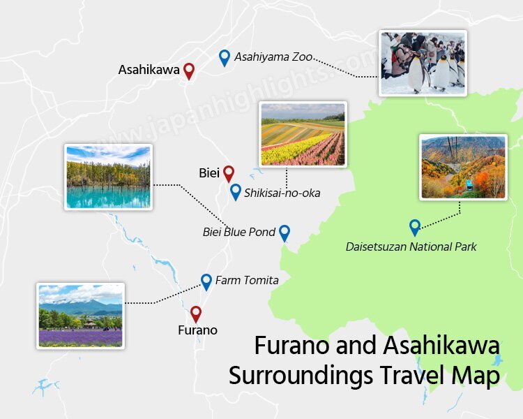 Furano and Asahikawa Surroundings travel map