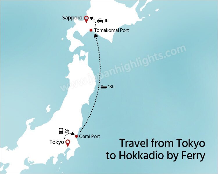 Travel to Hokkaido from Tokyo by ferry map