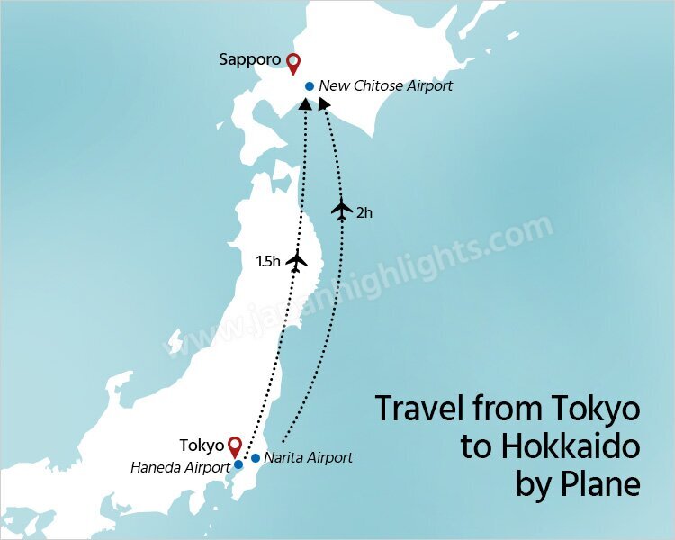Travel to Hokkaido from Tokyo by flight map