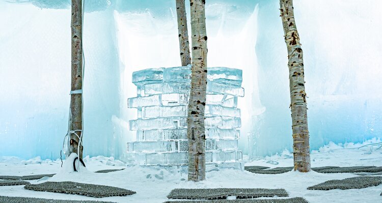 Ice formations and sculptures are illuminated with colorful lights from the Lake Shikotsu Ice Festival in Hokkaido