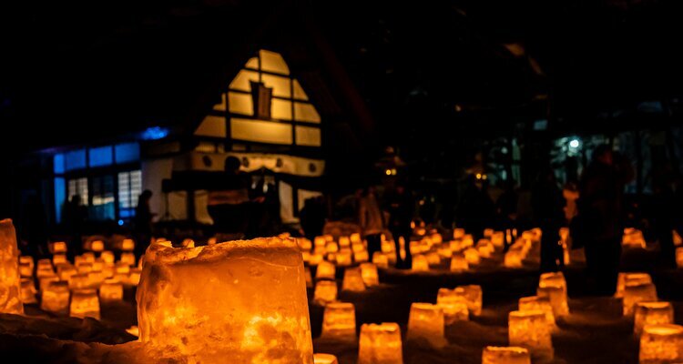 A magical winter night scene of Jozankei Yukitouro in Jozankei Onsen, Sapporo, Hokkaido