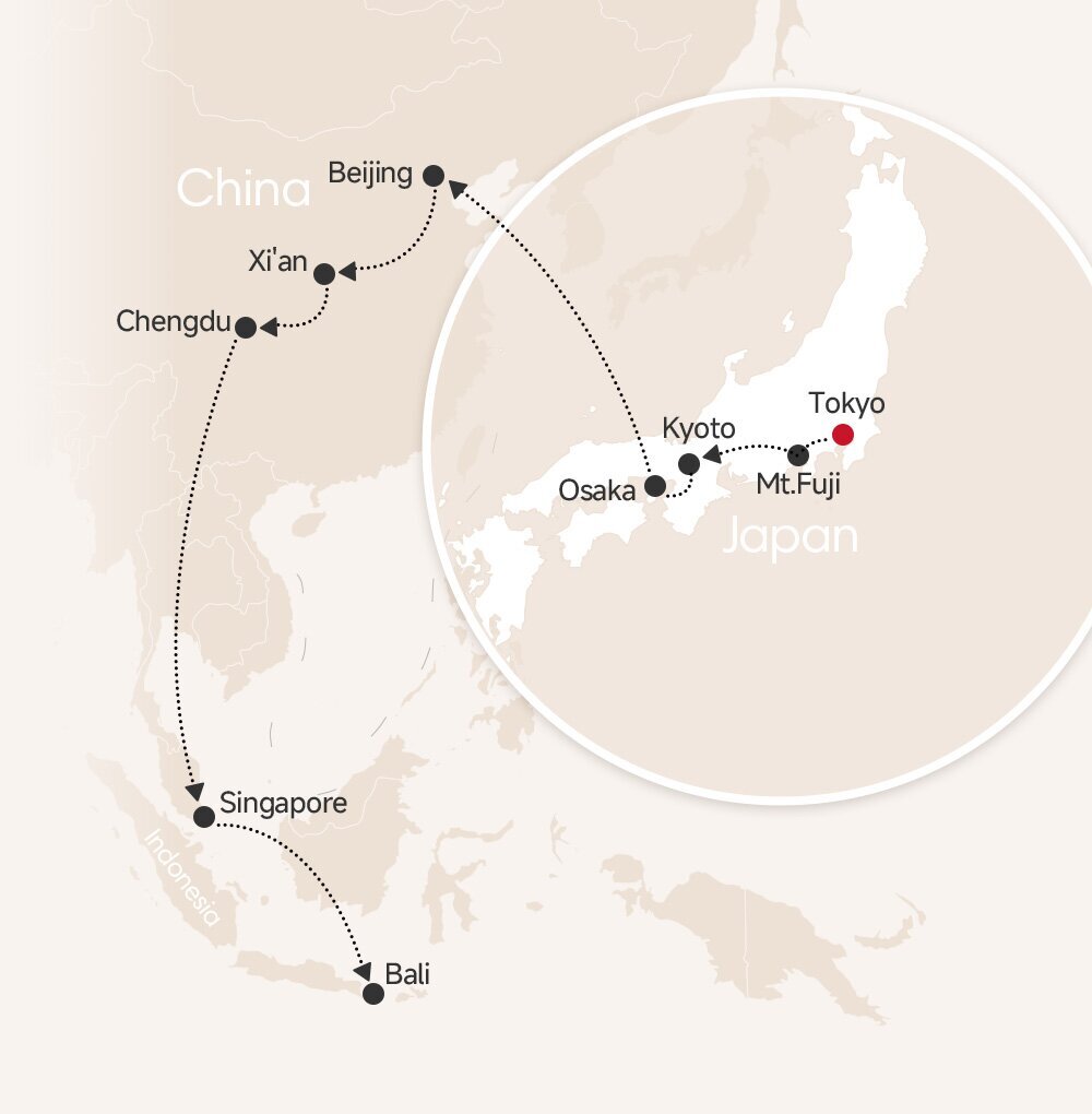 19-Day Japan, China, Singapore and Bali map